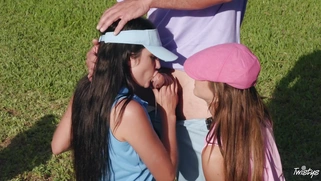 Jade Amber and Adria Rae are sucking cock outdoors