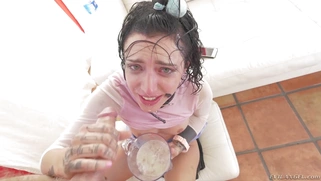 Stevie Foxx puking and drooling as she deepthroating his meat