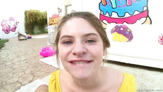 Alice March deepthroats thick shaft till her eyes water