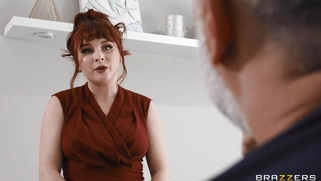 Redhead Odette Fox gives blowjob to Keiran Lee