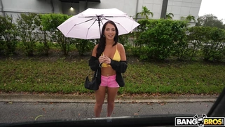 Alexa Payne is getting picked up outdoors