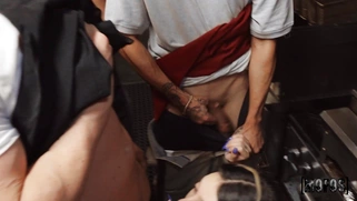 Teen Violet Gems is sucking three cocks