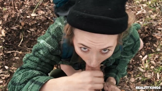 Angel Youngs is sucking Scott Nails' cock in the forest