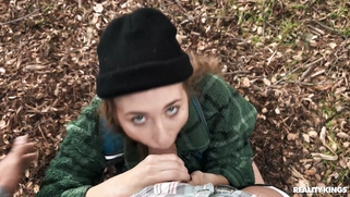 Angel Youngs is sucking Scott Nails' cock in the forest