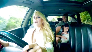 Jimena Lago gives him a sneaky blowjob as his stepmom Angel Wicky driving them