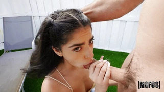 Angel Gostosa is sucking Jmac's huge cock outdoors