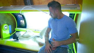 Cory Chase sucks customer's cock while Aubrey Rose masturbating in the tanning bed