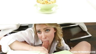 Zoey Taylor sucks stepdad under the table and her mom is none the wiser