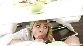 Zoey Taylor sucks stepdad under the table and her mom is none the wiser