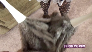 Slutty maid Selena Sky is in torn pantyhose and fucking a geek