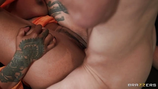 Yasmina Khan rides giant cock with her trimmed pussy