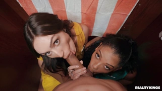 Sisi Rose and Eden West are sucking cock and licking balls in POV