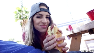 Teen Kimmy Granger is sucking cock outdoors