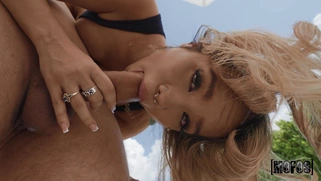 Luna Luxe is sucking Jmac's huge cock poolside