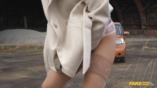 Lucky Bee is sucking cock on the driver's seat