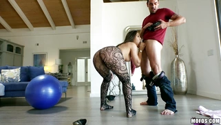 Abella Danger in sexy pantyhose gets filmed while sucking dick