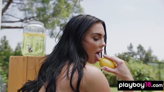 Big boobed naked babe selling lemonade