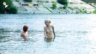 Skinny and young nudist ladies fool around on the beach