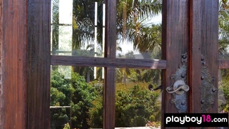 Classy blondie posed in lingerie outdoor