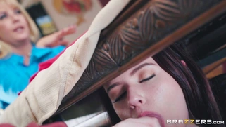 Karlie Brooks sucking wide boner underneath the table