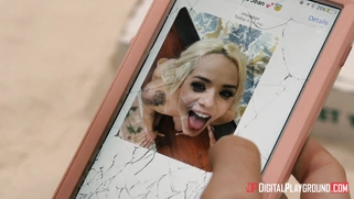 Dude films Elsa Jean with cum in mouth on his smartphone