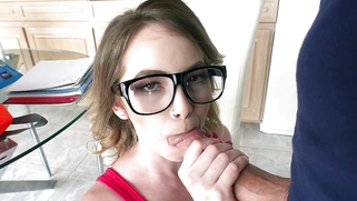 Angel Smalls eagerly works over his cock orally