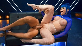 Jewelz Blu in ripped fishnet pantyhose gets pussy slammed
