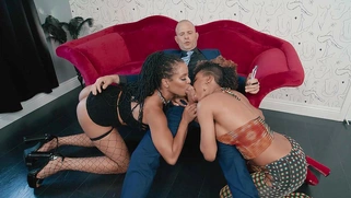 Demi Sutra and Kira Noir give blowjob to Scott Nails