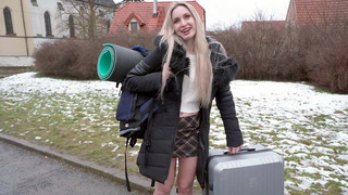 Blonde Micky Muffin is getting picked up outdoors