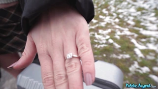 Blonde Micky Muffin is getting picked up outdoors