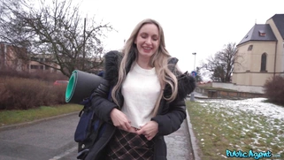 Blonde Micky Muffin is getting picked up outdoors