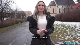 Blonde Micky Muffin is getting picked up outdoors