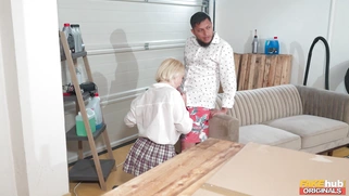 Greta Foss on her knees is sucking Robert Gunner's cock