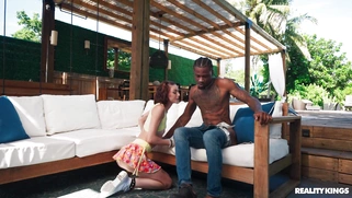 Shrooms Q is sucking black monster cock outdoors