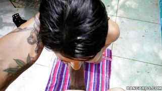 Brunette Rose Monroe sucking big cock by the pool
