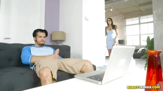 Brunette Reagan Foxx caught the guy pleasing his dick