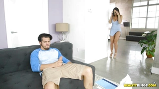 Brunette Reagan Foxx caught the guy pleasing his dick