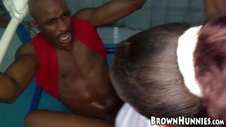 Big booty ebony Ms Juicy rides hard cock in gym after wet BJ