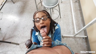 Rhae Woods on her knees is sucking black dick
