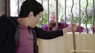 Eva Lovia sucks neighbor's cock while he is speaking with her husband