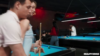 Shrooms Q leaned on the pool table and got her pussy pounded