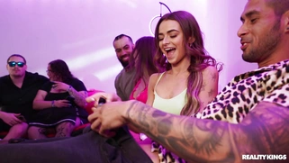 Beautiful girl happily sucks a man's dick in front of her girlfriends