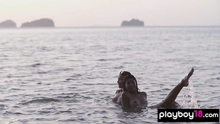 Nude asian teen and GF watch the sunset