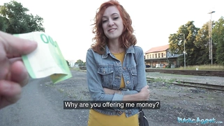 A gorgeous redhead waitress gets raped doggystyle outside in public after sucking cock