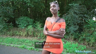 Ebony model Zaawaadi taken into the woods for hard outdoor fucking