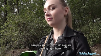 Outside, Jenny Wild gets her hairless pussy fucked