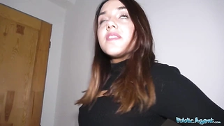 Hot tourist Esperanza sucks and fucks agents big cock in stairwell