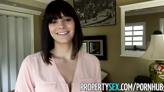 Gorgeous agent with big natural tits fucks landlord