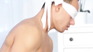 Mom Blindfolded husband tied up and fucked by wife in fishnet stockings