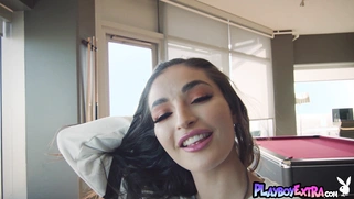 Latina teen posing naked on pool table